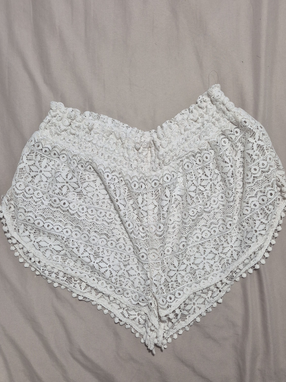H&M White Crochet Lace Swimwear Shorts with Pom Trim